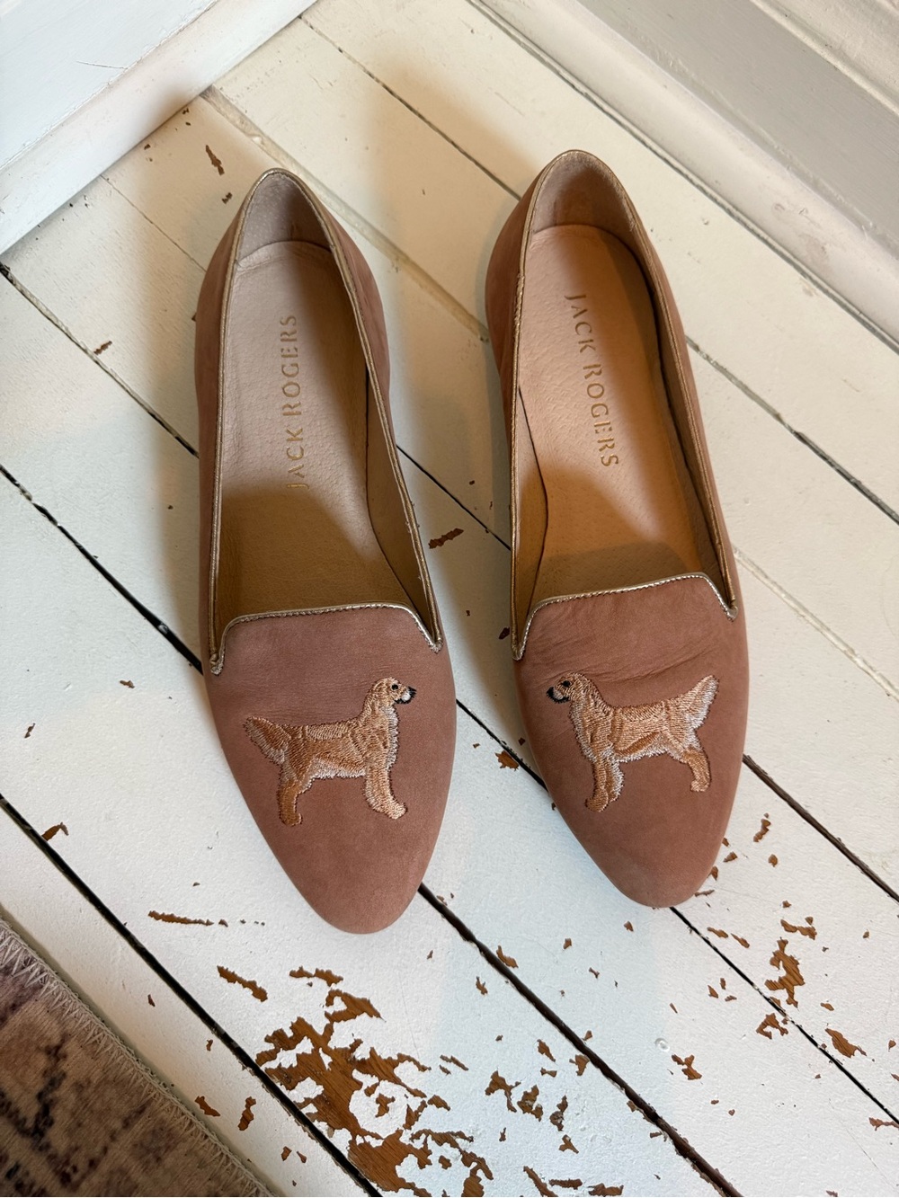 Jack Rogers Suede Golden Retriever Dog Embroidered Loafers Women's 8.5